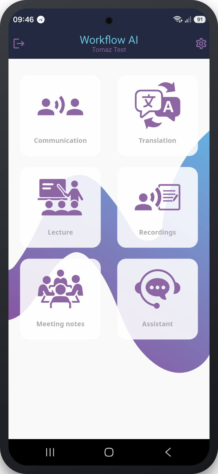 Workflow AI mobile app home screen: Communication, Translation, Lecture, Recordings, Meeting notes and Assistant