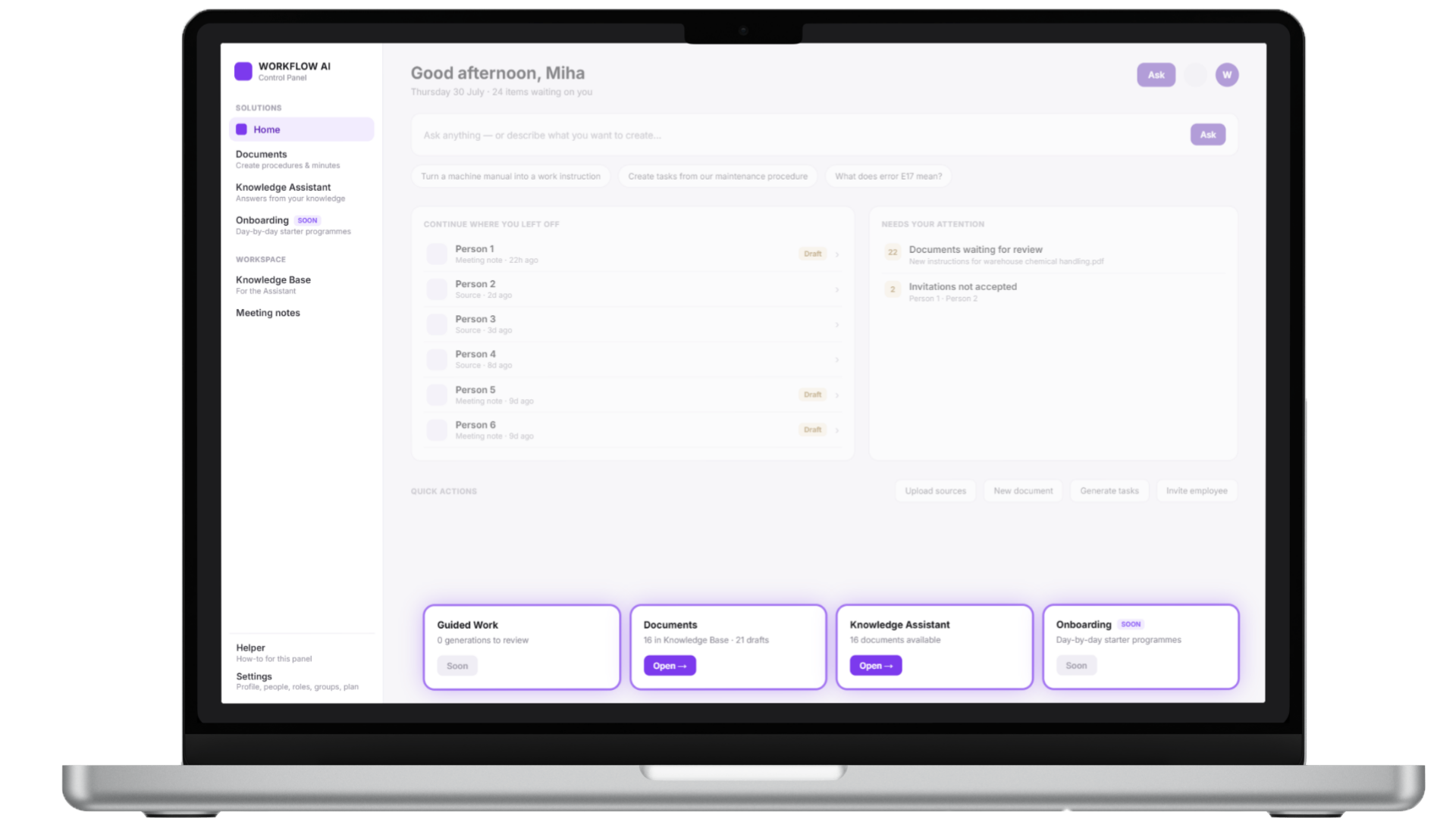 Workflow AI platform control panel: home dashboard with documents, tasks and knowledge assistant